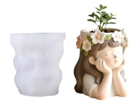 Molde silicona maceta nena con vincha de flores 